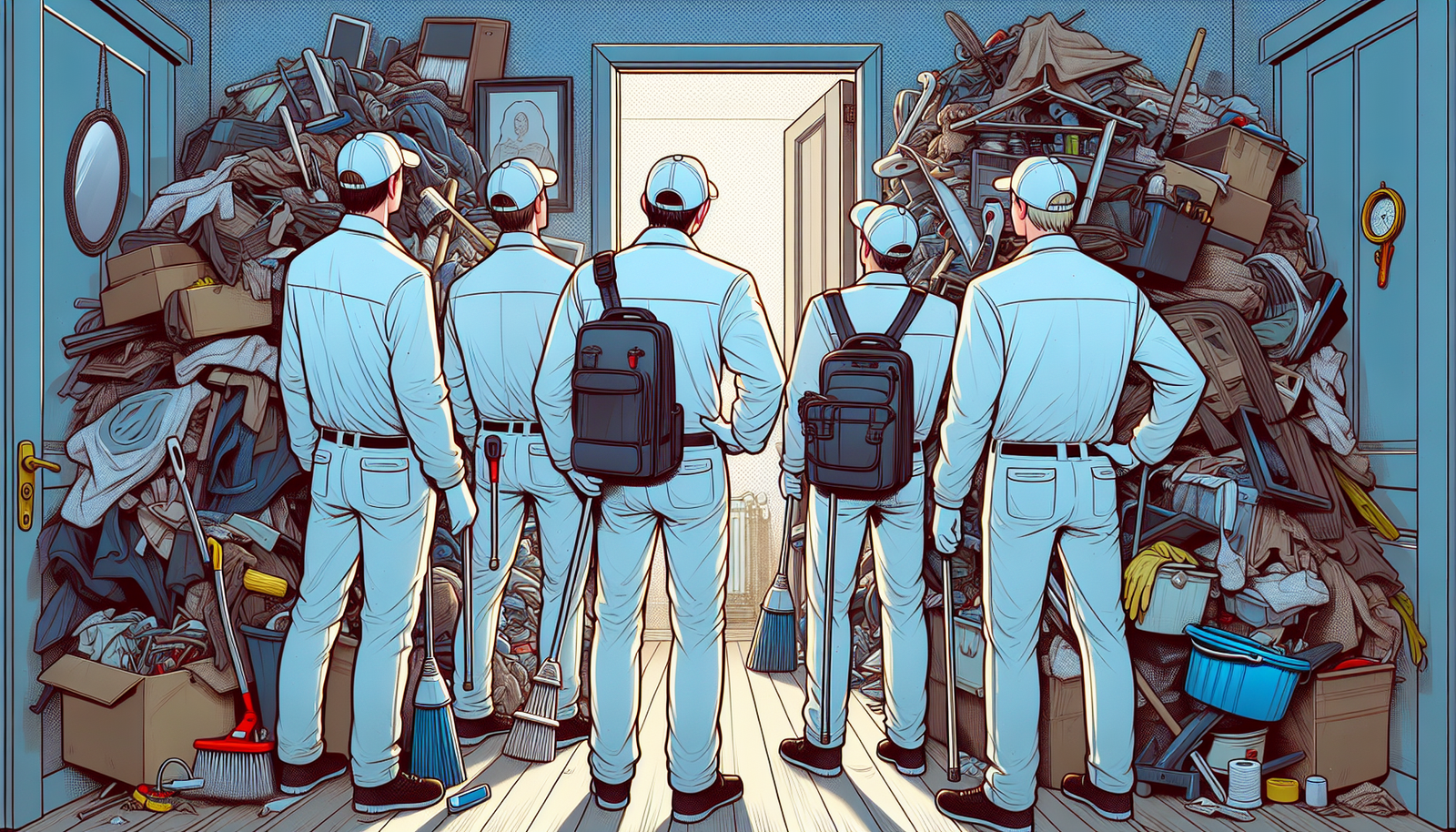 Cartoon-style image of professional cleaners inspecting a hoarder's home